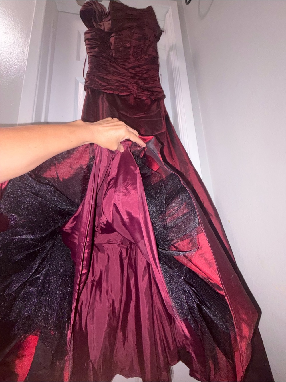 JS Collections Wine Strapless Ruched Prom Gown - Picture 8 of 9